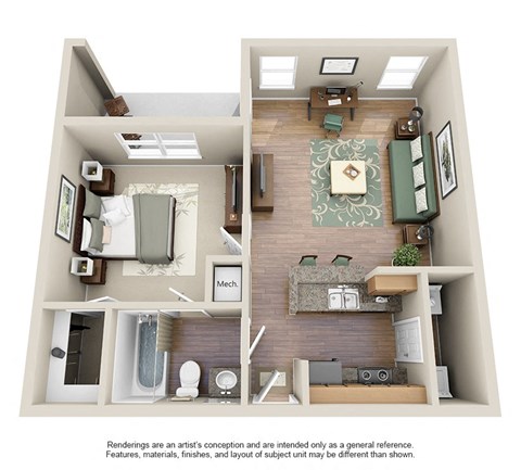 Floor plan for 1 bed, 1 bath, 667 sqft